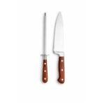Jogo de 2 peças faca e chaira hanzzo wood em aço inox forjado