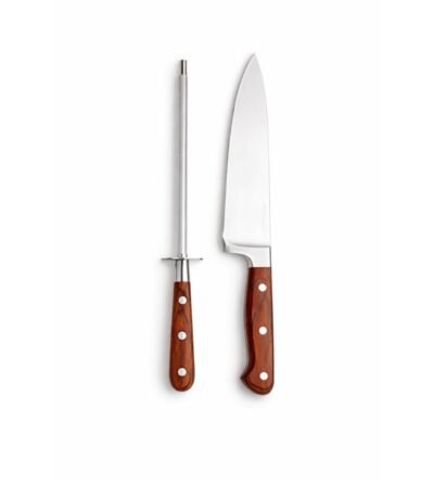 Jogo de 2 peças faca e chaira hanzzo wood em aço inox forjado