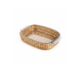 Travessa retangular em vidro borossilicato e revestimento em rattan