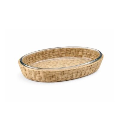 Travessa oval em vidro borossilicato e revestimento em rattan