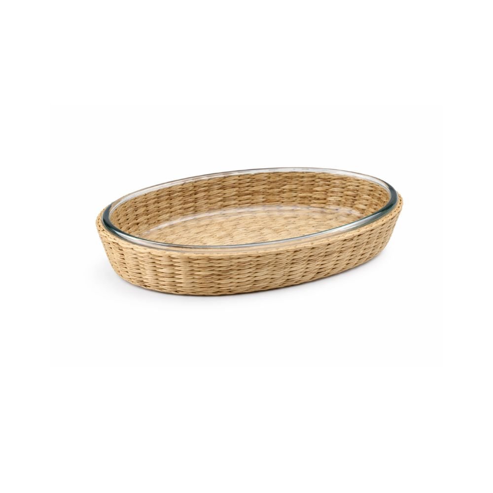 Travessa oval em vidro borossilicato e revestimento em rattan Travessa oval em vidro borossilicato e revestimento em rattan
