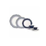 Aparelho de jantar royal em new bone branco e azul com filado dourado 42 peças
