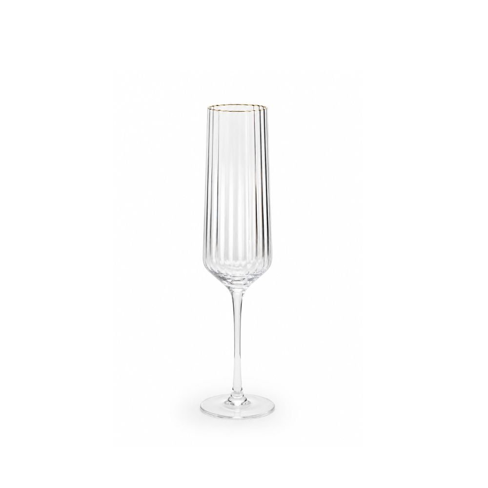 Taça Champanhe Transparente Canelada Borda Dourada